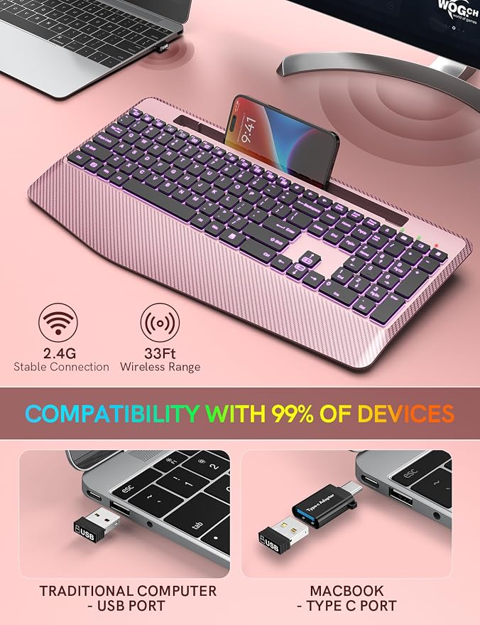 Wireless Keyboard, 7 Colored Backlits, Wrist Rest, Phone Holder-Rose gold | Rechargeable Ergonomic Computer Keyboard with Silent Keys, Full Size Lighted Keyboard for Windows, Mac, PC, Laptop - Image 5