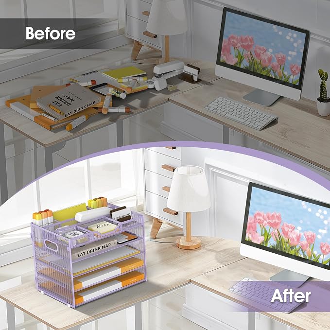 5 Tier Paper Letter Tray Desk Organizer with Pen Holders - Purple | Features 3 pen holders and 4 removable dividers.Versatile mesh desktop storage for mail, document,office supplie - Image 5