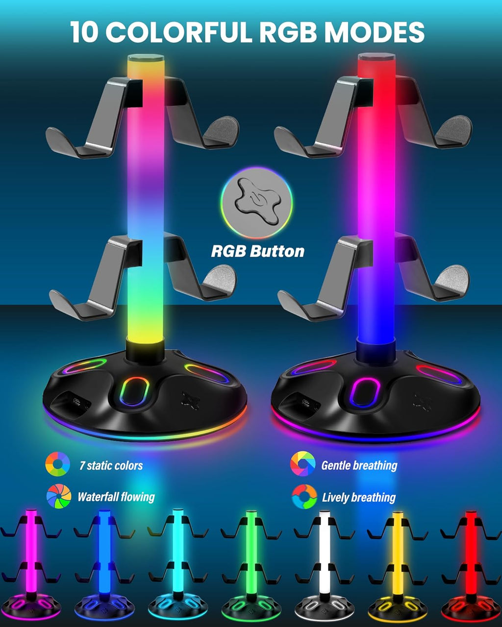 RGB Headphone Stand for Desk, Innovative Headset Stand with 9 Light Modes - Controller Holder with USB Charging and Type-c Port, Gamepad Earphone Accessories (Black) - Image 2
