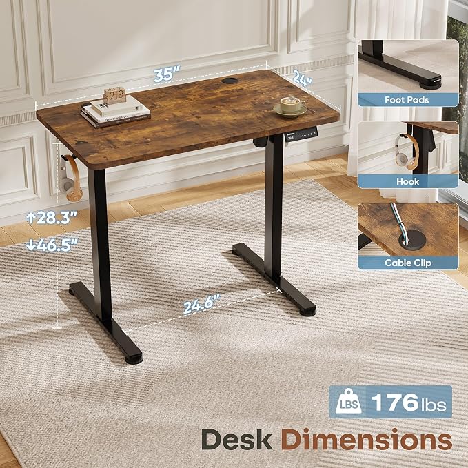Monomi 35" x 24" Small Electric Standing Desk,Whole Piece Desktop,Brown | Height Adjustable Desk with Memory Controller and wheels, Sit Stand Computer Workstation for Home Office,Space Saving - Image 2