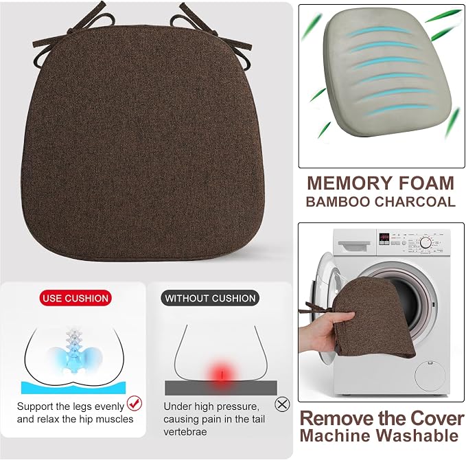 SINOSSO 4 Pack Memory Foam Chair Cushions for Dining Chairs, Friendly Woven Fabric 16" U-Shape Comfortable Kitchen Chair Pads, Removable Slip Resistant Seat Cushions (Set of 4, Dark Brown) - Image 5