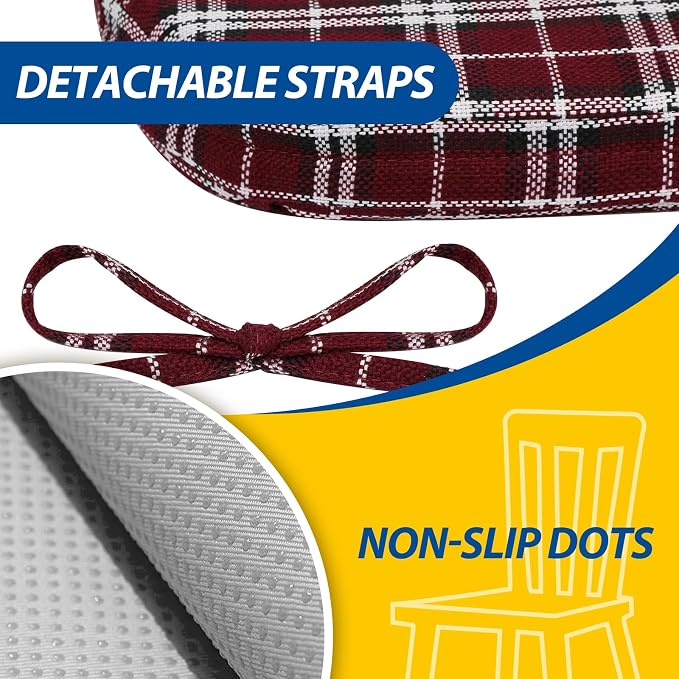 AAAAAcessories D-Shaped Chair Cushions, 2" Thick Dining Chair Pads with Ties and Removable, Machine-Washable Cover, 17" x 16", Set of 2, Red Checkered - Image 5