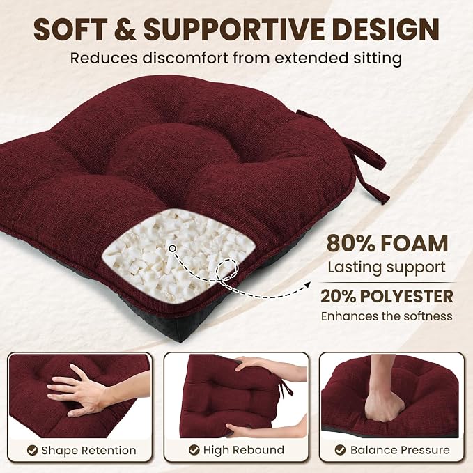 downluxe Indoor Chair Cushions for Dining Chairs, Tufted Overstuffed Textured Kitchen Chair Pads with Ties and Non-Slip Backing, 15.5" x 15.5" x 4", Burgundy, 4 Pack - Image 3