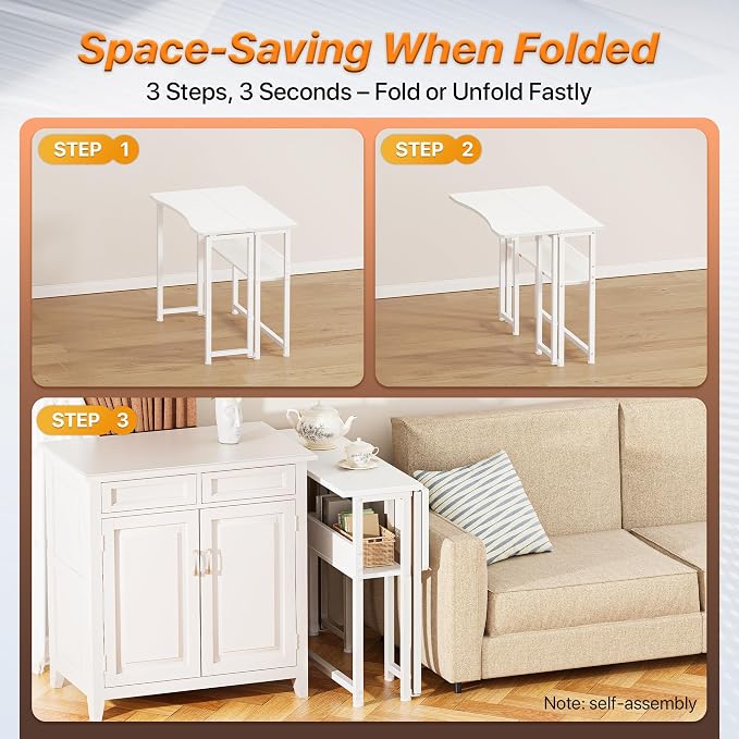 Huuger Folding Desk with Storage Shelf, 31.5 Inch Foldable Computer Table | Writing Work Office Computer Desk for Small Spaces, Space Saving Sofa Table for Couch, Easy to Fold, White - Image 4