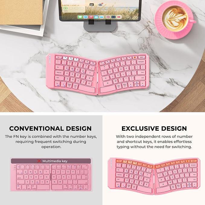 MEETION Foldable Ergonomic Bluetooth Keyboard, Split, Portable, Pink | Compact rechargeable folding keyboard with split ergonomic design, ideal for business travel, for Windows, Mac, iPad, Android - Image 3