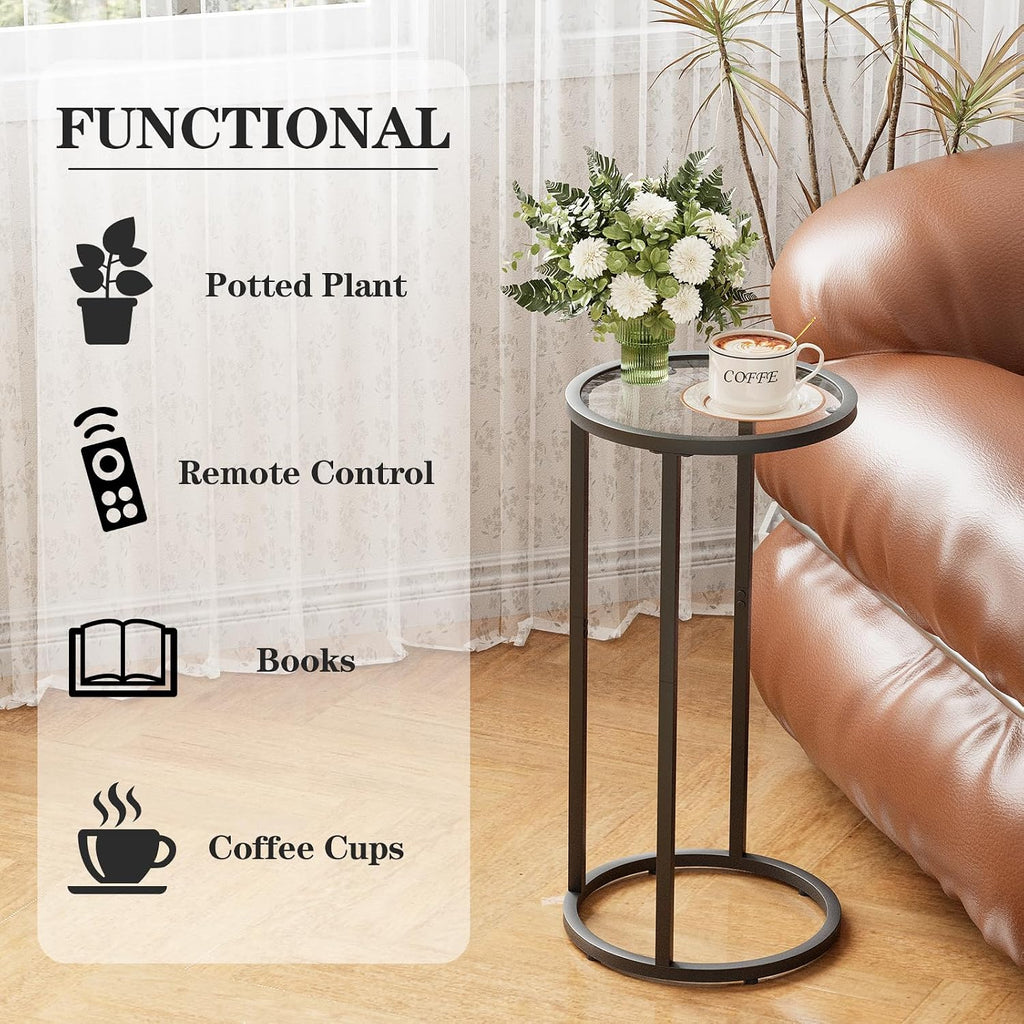 Easy Paws Round Side Table,Glass C Shaped Table,Couch End Table, Tempered Glass Snack Table with Metal Frame, Sofa Couch Bedside Table,TV Tray Table for Small Space(Black,2pcs) - Image 4