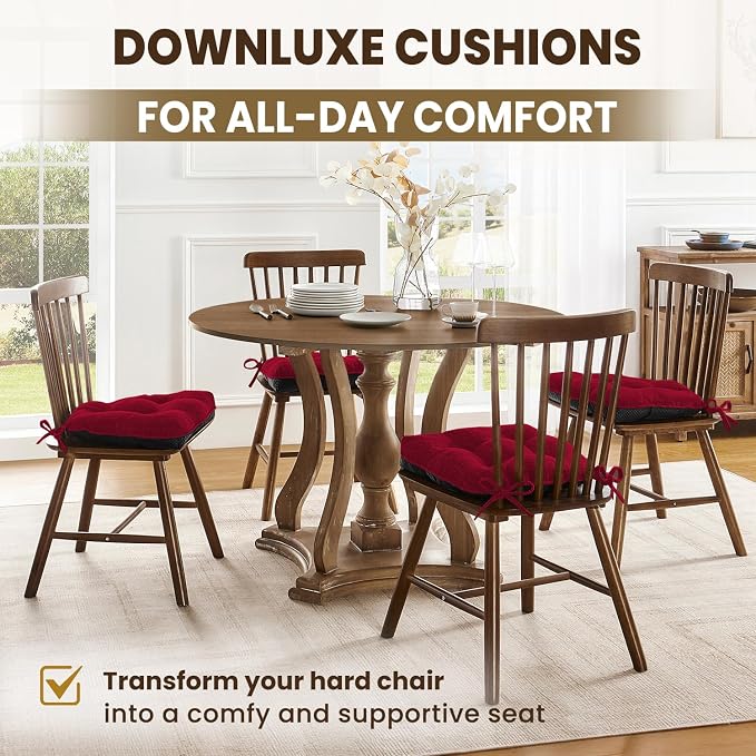 downluxe Indoor Chair Cushions for Dining Chairs, Tufted Overstuffed Textured Kitchen Chair Pads with Ties and Non-Slip Backing, 15.5" x 15.5" x 4", Red, 4 Pack - Image 6