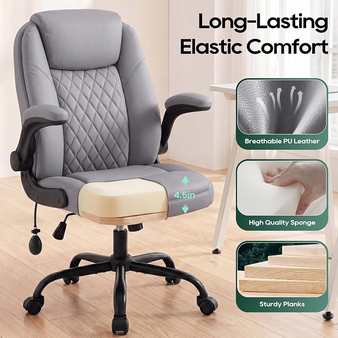 MALOL Leather Office Chair with Adjustable Lumbar Support Set of 2, Grey | Computer Desk Chair with Thick Cushion, Flip-Up Arms and Ergonomic Back, Comfy Executive Office Chair for Home Office Gaming - Image 4
