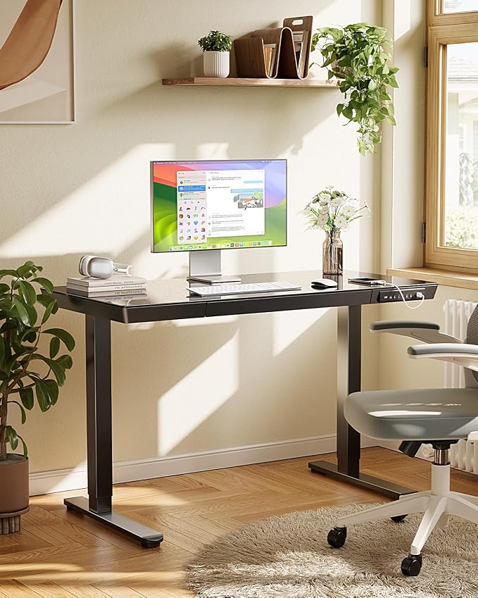 Marsail 48 x 24 inch Glass Standing Desk with Drawer Storage, Matte Black | Storage drawer, one-piece tabletop, two USB charging ports, sit stand design, 28.3–46.5 inch height range, home office use - Image 2
