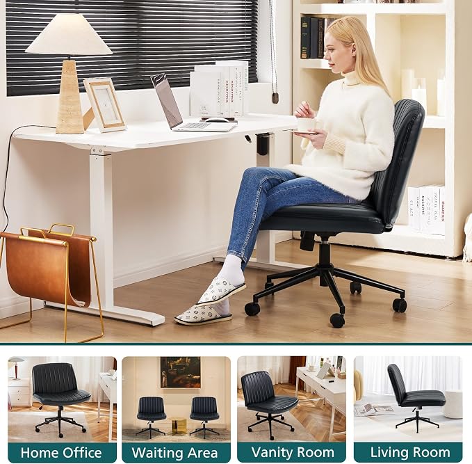 OLIXIS Criss Cross Chair with Wheels, Vanity Chair, Home Office Desk | Wide Seat Armless, Faux Leather, Height Adjustable Swivel Rolling, Home Computer Task Seating for Bedroom Study, Black PU - Image 8