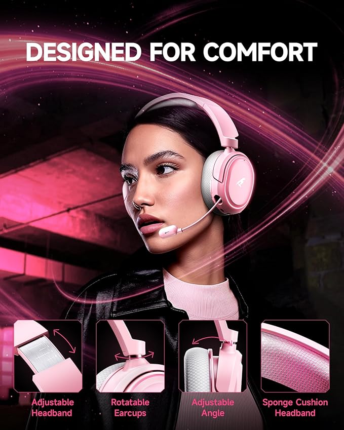 Wireless Gaming Headset, 7.1 Surround Sound, 2.4GHz USB Gaming Headphones with Bluetooth 5.4, 100H Battery, ENC Noise Canceling Mic, RGB Light, Wireless Headset for PC PS5 PS4 Mac Switch (Gray-Pink) - Image 6