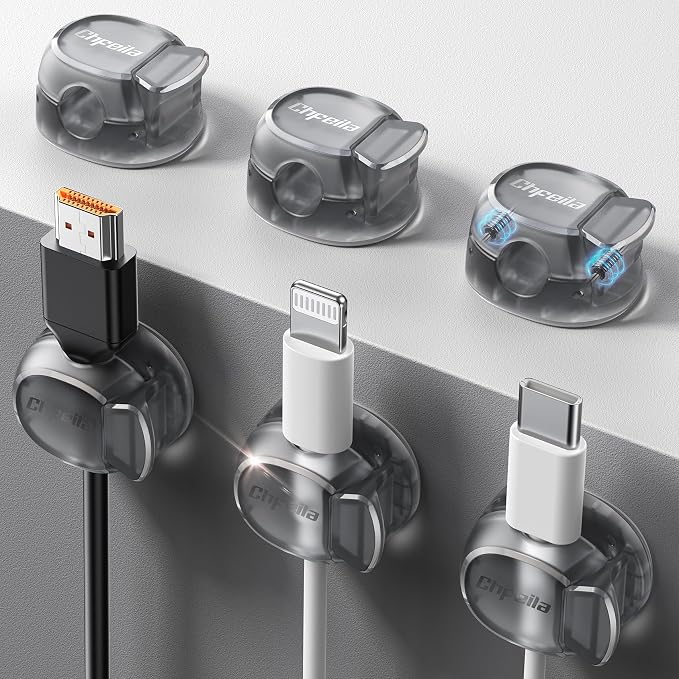 Chfeila 6 Pack Cable Clips, Dorm Room Essentials - Dual Spring Cord Organizer for Cubicle Decor, Cute Desk Organizers and Accessories, Teen Dorm Room Decor, Cubicle Accessories, Nightstand,Clear Black by Chfeila