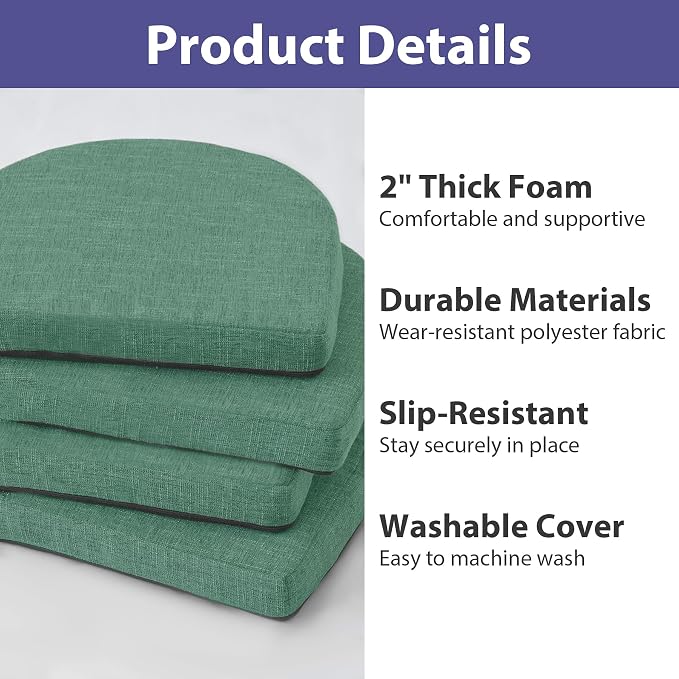 IPYNBAP Chair Cushions for Dining Chairs, Kitchen Chair Cushions, 16'' x 16'' x 2'', Non Slip Indoor Seat Cushions, Chair Pads for Dining Chairs with Ties & Removable Cover, Set of 4, Dark Green - Image 2