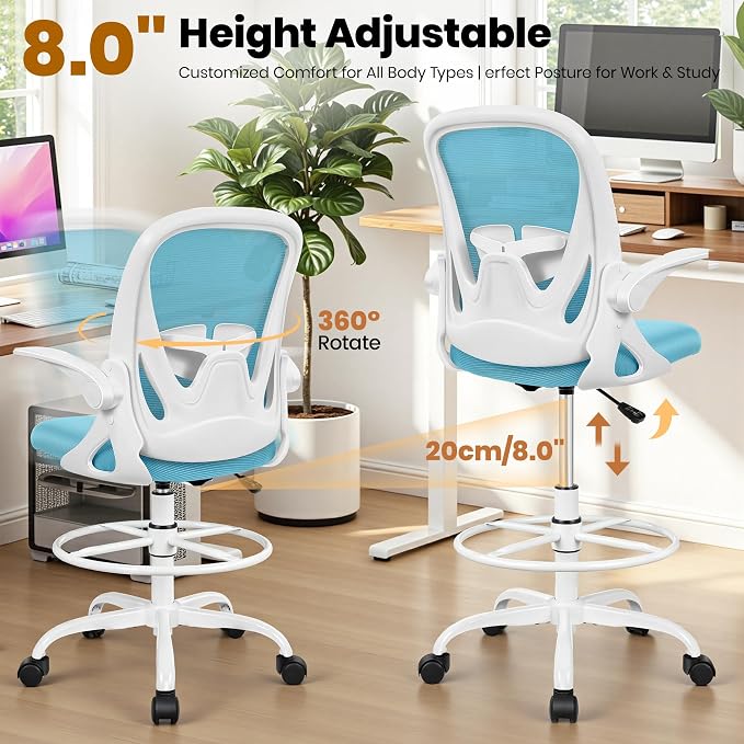 Drafting Chair Tall Office Chair with Flip-up Armrests Executive Ergonomic Computer Standing Desk Chair with Lumbar Support and Adjustable Footrest Ring（Blue） - Image 7