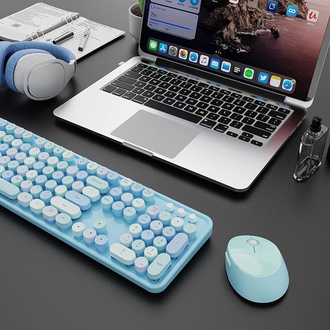 Wireless Keyboard and Mouse Combo, Ergonomic Full Size Typewriter Retro Round Keycaps Keyboard, Compatible with Windows, PC, Perfer for Home and Office Keyboards (Blue - Image 8