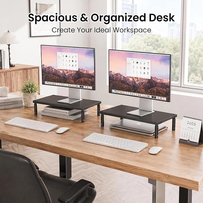 Adjustable Monitor Stand Riser for Desk, Wood Computer & Laptop Stand, Desk Organizers and Accessories, Office Desk Accessories & Workspace Organizer for Home Office Supplies, Black 2-Pack - Image 5