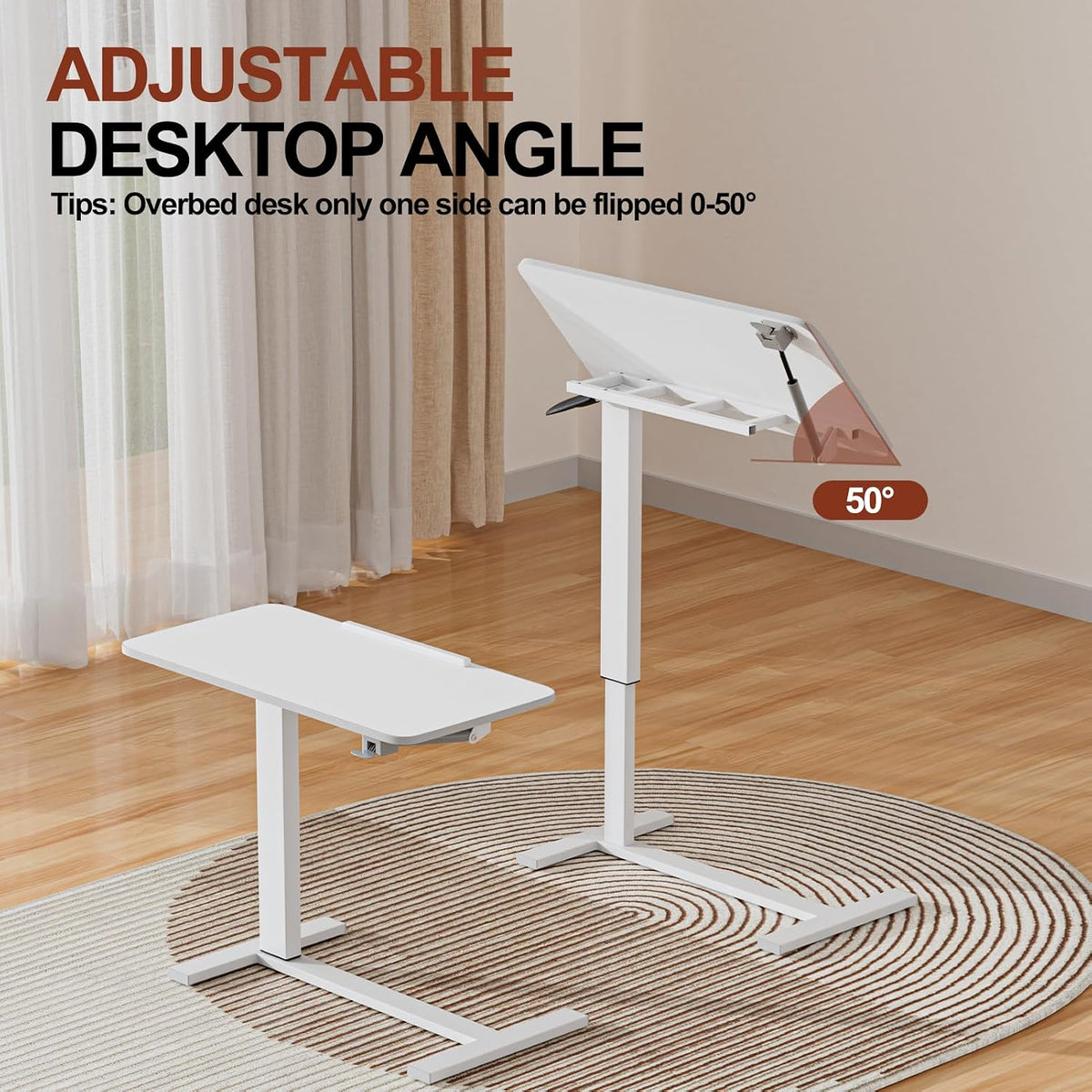 32" 0-50° Tiltable Pneumatic Adjustable Overbed Table with Wheels - Image 2