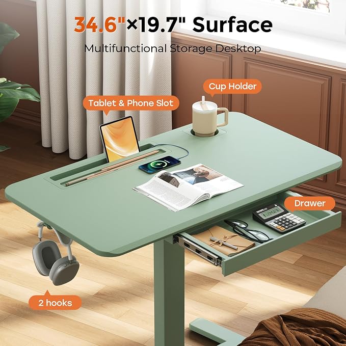 Mobile Standing Desk with Drawer, 35"×20" Small Laptop Desk | Portable Workstation with Cup Holder and Hooks, Height Adjustable Rolling Desk with Wheels, Teacher Classroom Use, Sage Green - Image 4