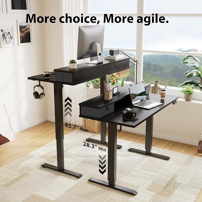 Agilestic 55 * 24 Inch Electric Standing Desk with Drawers, Black | Electric Height Adjustable, 2 Storage Drawer, Monitor Stand, Sturdy Steel Frame, Memory Presets, Hooks, 154 lbs, Splice Board - Image 4