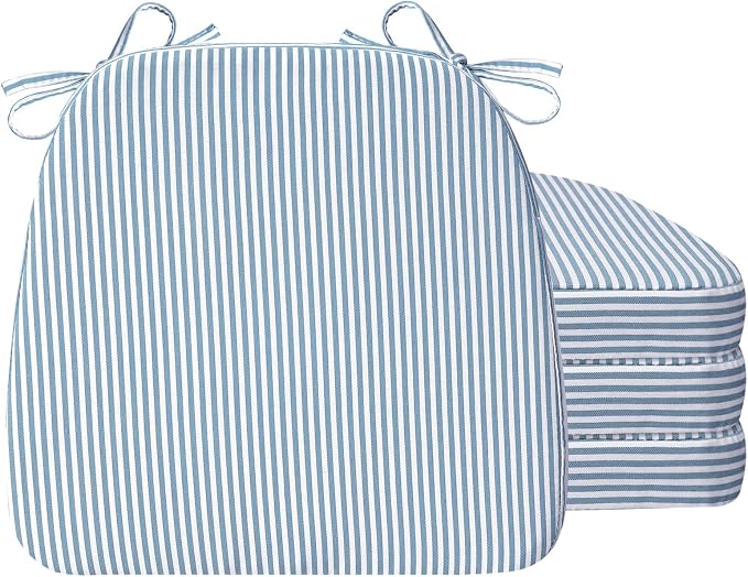 AAAAAcessories D-Shaped Chair Cushions, 2" Thick Dining Chair Pads with Ties and Removable, Machine-Washable Cover, 17" x 16", Set of 4, Pinstripe Blue by AAAAAcessories