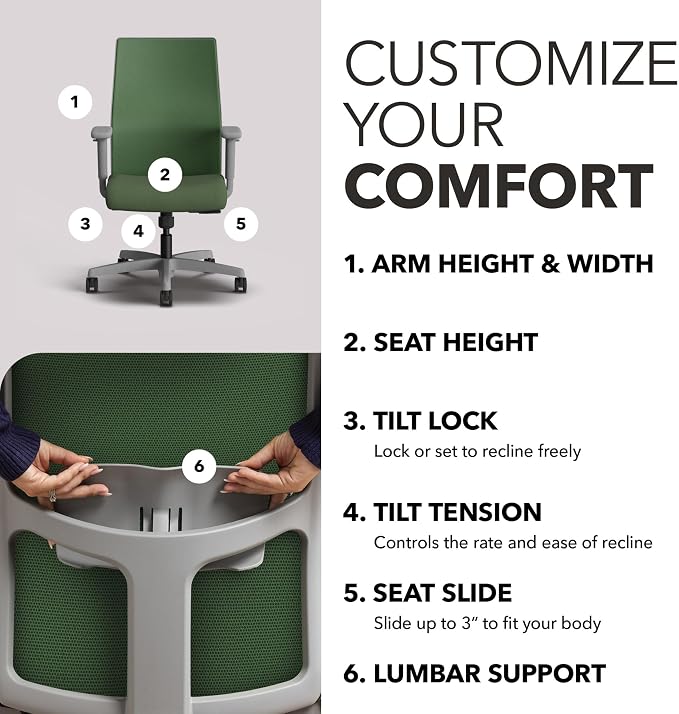 HON Ignition 2.0 Ergonomic Office Chair, Lumbar Support, Desk Chair, Leaf | Ergonomic office desk chair with lumbar support, adjustable arms, office decor, workstation comfort for focused productivity - Image 3