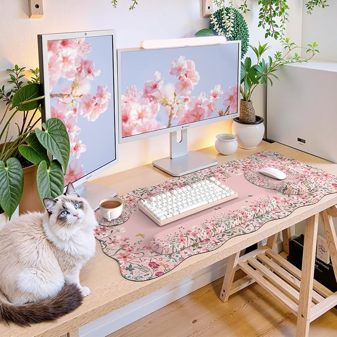 iCasso Pink Keyboard Mat 35.4"x15.7", Desk Protector for Classroom | Vintage Women Ergonomic Desk Pad with Keyboard Wrist Rest, Mousepad Set for Classroom Table Office Workspace Area - Image 6