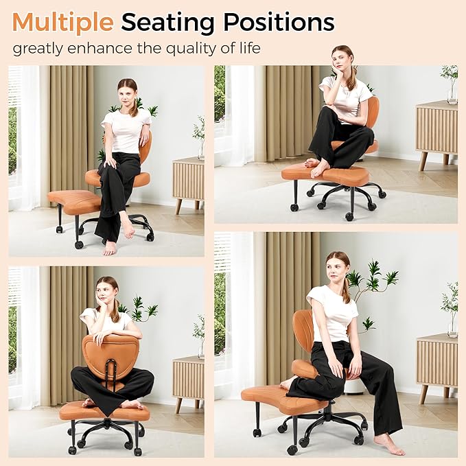 Cross Legged Office Chair,Ergonomic Criss Cross Chair with Wheels BPY01Z | 360° Swivel Height-Adjustable Meditation Chair for Yoga & ADHD, Wide Kneeling Chair with Strong Lumbar Support (Brown) - Image 5