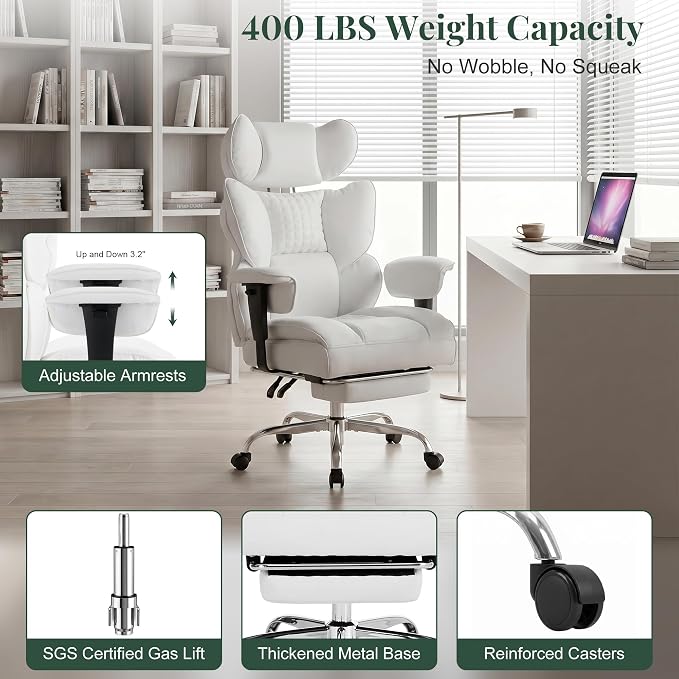 Big and Tall Office Chair 400 LBS, for Adults, Home Office | PU Leather, Executive Ergonomic Desk Chair with Footrest, Lumbar Support, Wide Seat ,Reclining, Adjustable Armrest, Beige - Image 8