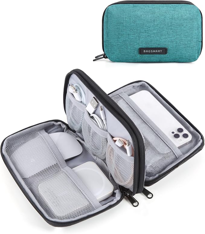 BAGSMART Electronics Travel Organizer for Cords, Zipper Pouch, Bluish Green | Travel Essentials, Cord organizer bag for Cables, Compact Tech Accessories Pouch by BAGSMART
