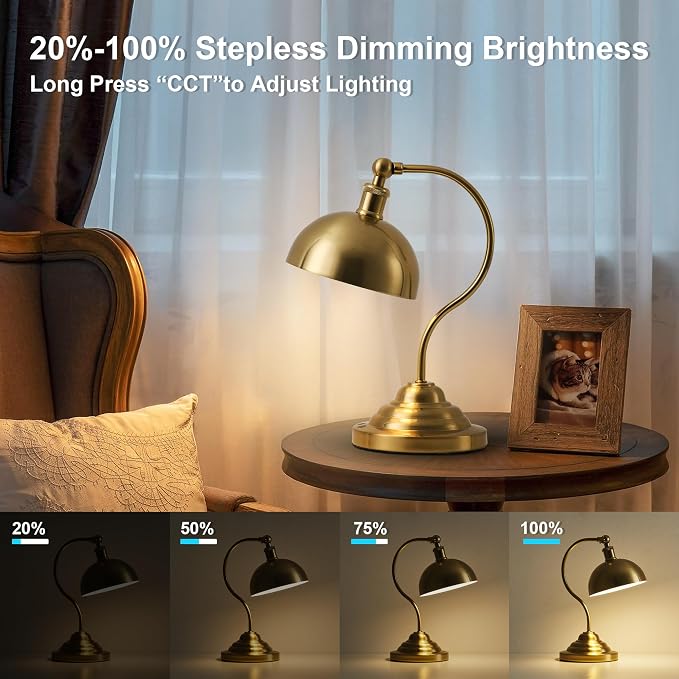 KARTOOSH Cordless LED Table Lamp, Battery Operated Desk Lamps with Swing Arm & Plastic Shade, Vintage Small Rechargeable Dimmable Light for Bedroom, Living Room, Nightstand, Brass - Image 4