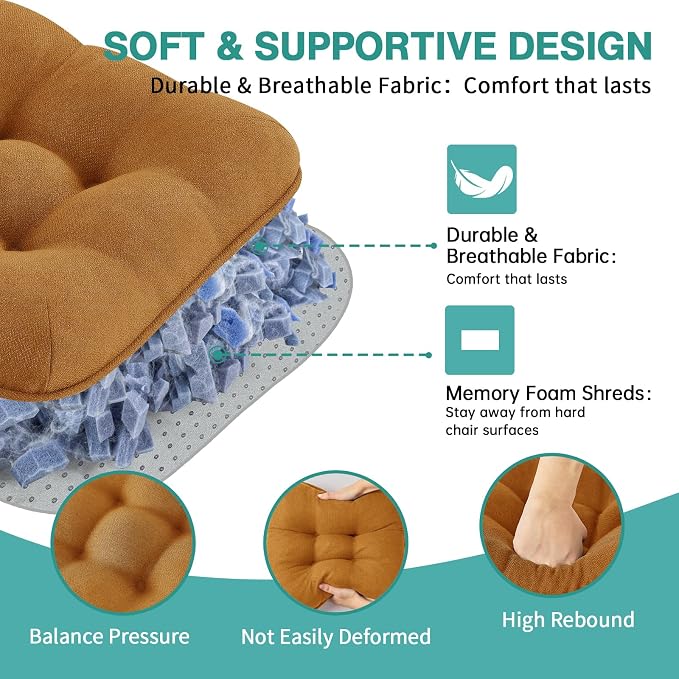 BETU Chair Cushions for Dining Chairs Set of 2,3.5" Thick Kitchen Table Chair Pads with Ties,Non Slip Backing and Covers, Seat Cushion for Dining Room,Bar,Patio Chairs,15.5"X15.5"X3.5",Caramel - Image 8
