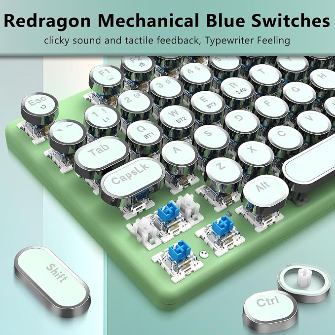 Redragon K710 Wireless Typewriter Mechanical Gaming Keyboard, Green | Bluetooth/2.4Ghz/Wired, RGB Led Backlit, Blue Switch - Clicky, Rechargeable 4000mAh, Solid Metal Panel, Round Keycaps - Image 7