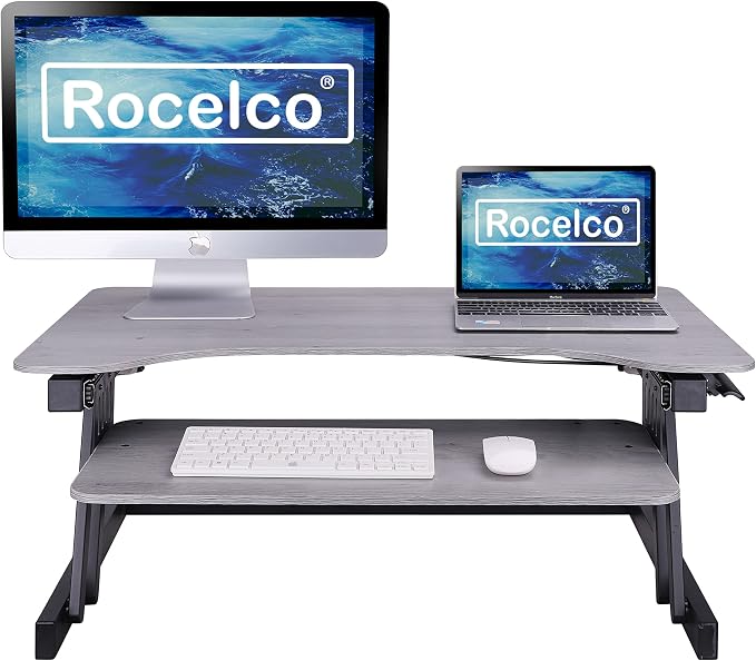 Rocelco 37.5" Deluxe Height Adjustable Standing Desk Converter - Quick Sit Stand Up Dual Monitor Riser - Gas Spring Assist Computer Workstation - Large Retractable Keyboard Tray - Gray (R DADRG) - Image 6