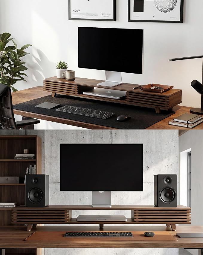 42" Dual Monitor Stand with Sliding Doors Desk Shelf Dark Bamboo | Ergonomic Relief Easy Assembly Solid Construction Cozy Workplace Computer Setup Desk Organizer High Load-bearing - Image 6