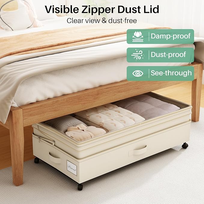 Kitstorack 4 Pack Height-adjustable Under Bed Storage with Wheels, Under Bed Storage Containers,Under Bed Shoe Storage Organizer with Clear Window&Label, Suitable for Clothes Storage, Beige - Image 5