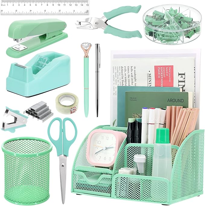 13-in-1 Office Desk Organizer Set for Back to School Supplies Accessories | Organizer Set with Stapler and Tape Dispenser, Pen Holder, Scissors, Ruler, Hole Punch, 2 Pens & More Desk Supplies by SYMDROMIA