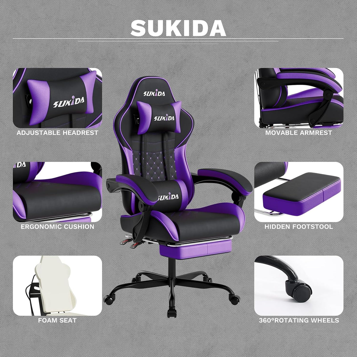Ergonomic Video Gamer Chairs Gaming Computer Chair Gamer Chairs for Adults Massage Lumbar Support Swivel Height Adjustable Headrest Backrest - Image 5