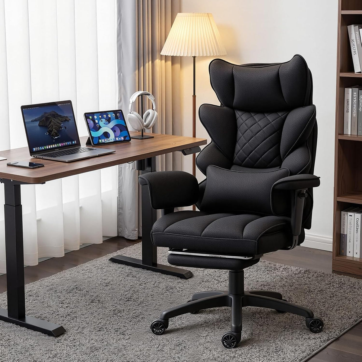 Dowinx Big and Tall Office Chair with Pocket Spring Cushion,High Back Computer Gaming Chairs with Adjustable Armrests,Executive Desk Chairs with Lumbar Support and Footrest,Cloth-Black - Image 2