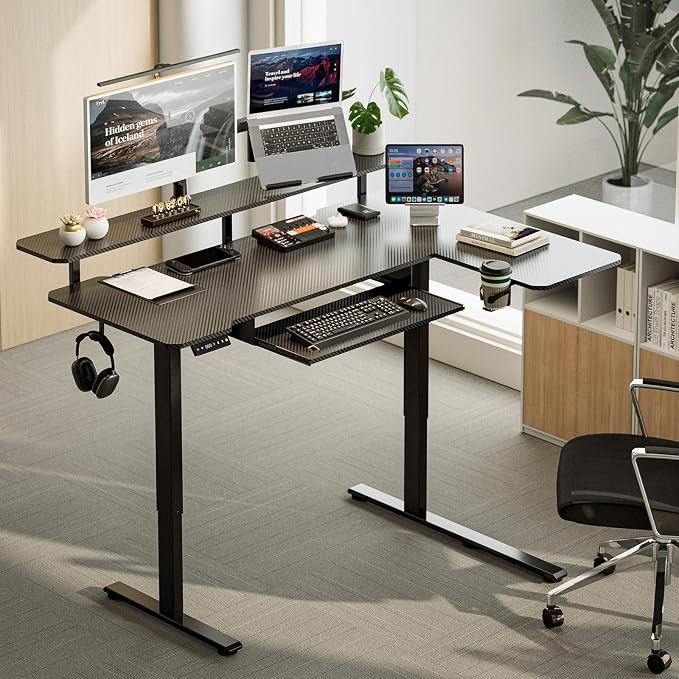 59 Inch L Shaped Standing Desk with Shelves and Keyboard, Electric Corner Standing Desk Adjustable Height, Sit Stand Computer Table with Reversiable Splice Board，Black Carbon - Image 9