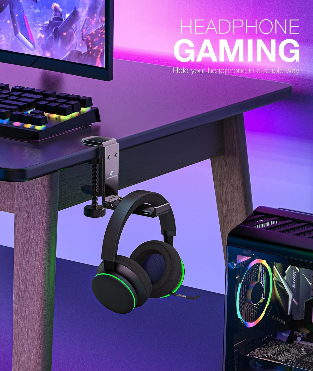 New Foldable Headphone Stand Hanger Holder Aluminum Headset Soundbar Stand Clamp Hook Under Desk Space Save Mount, Universal Fit Gaming Headphones, Black - Image 6