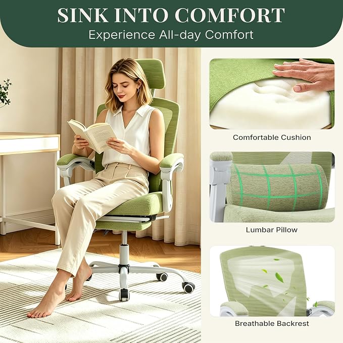 Ergonomic Office Chair with Footrest, Computer Gaming Chair | Adjustable Headrest, Lumbar Support, Swivel Reclining, Padded Armrest, Mesh High Back, Home Desk Work Study, Green - Image 7