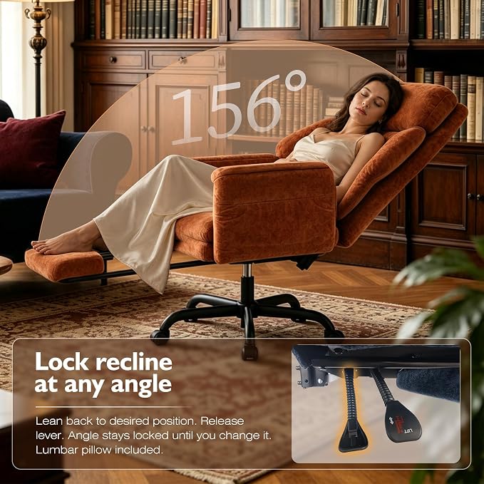 C57 Ergonomic Reclining Office Chair with Footrest, Velvet Desk Chair with 6-Stage Adjustable Wing Armrests for Cross Legged Sitting, Pet Friendly High Back Lounge Gaming Chair for Home Office - Image 6