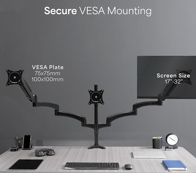 VIVO Triple Pneumatic Monitor Mount for 3 Screens up to 32 inches, Fully Adjustable, Heavy Duty Desk Stand with C-Clamp Grommet, Black, STAND-V300G - Image 5