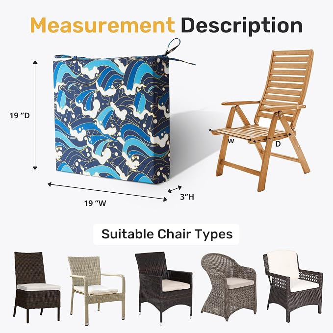 UNIKOME Outdoor Chair Cushions Pack of 4, Water Resistant Patio Cushions with Ties, High Density Sponge Filling Square Corner Seat Cushions for Outdoor Furniture, 19"*19"*3", Blue/Waves - Image 5