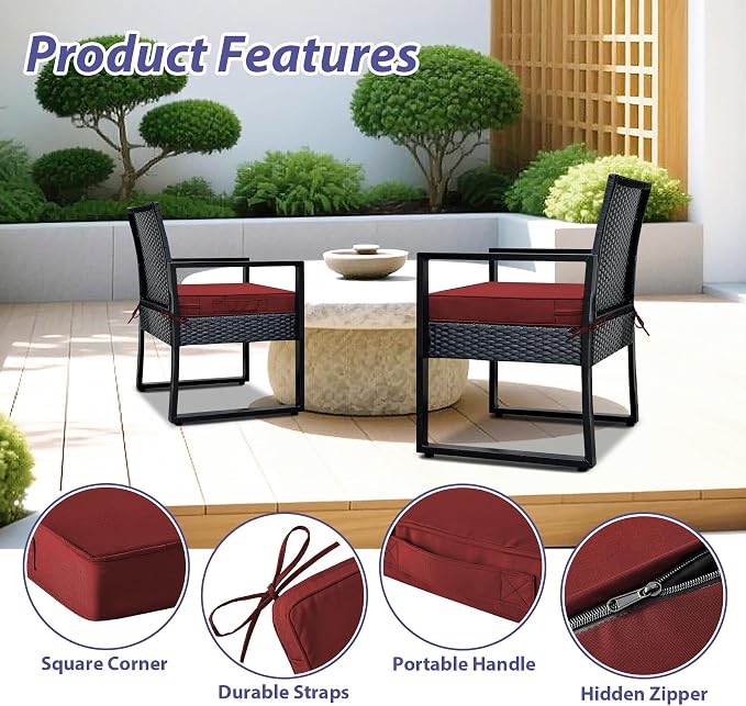IPYNBAP Outdoor Chair Cushions Set of 4 -Waterproof Outdoor Seat Cushions for Patio Furniture, Patio Chair Cushion with Handle and Ties, Out Door Chair Pads,18.5x16x3-Square, Burgundy - Image 5