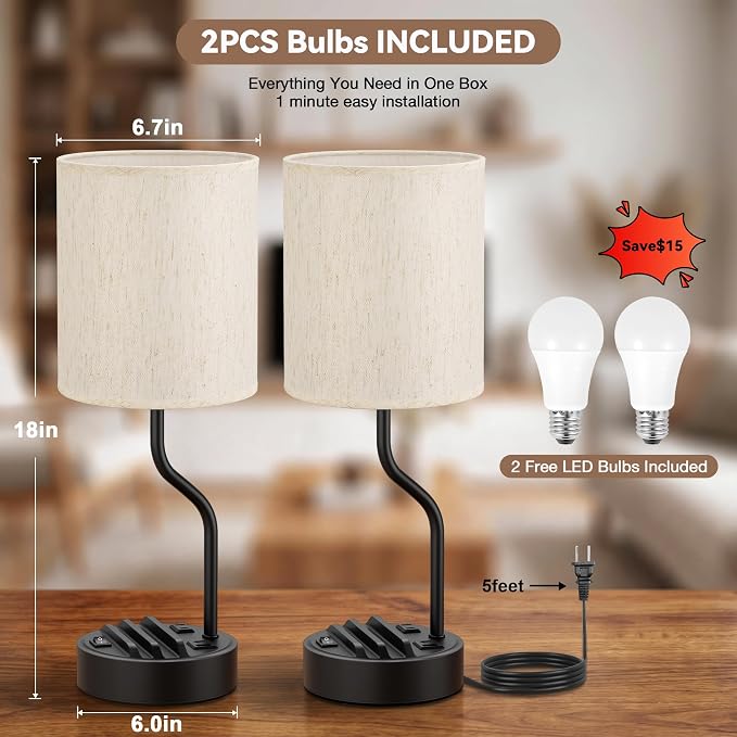 Bedside Lamps for Bedroom Set of 2-18" Table Lamp for Nightstand | Phone Stand, USB A+C Ports, AC Outlet, 3 Color Temperatures, LED Bulb Included, Desk Lamp for Living Room/Dorm, - Image 6