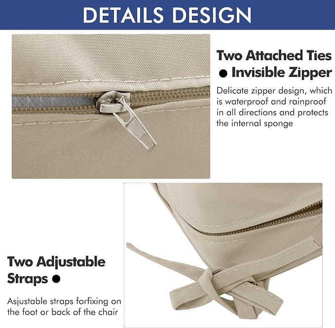 Outdoor Chair Cushions Set of 2, 16 x 17 Inch Waterproof Seat Pads | 3 Year Color Fastness Thick Patio Chair Cushion with Ties for Garden Lawn Sofa Couch, Cream - Image 6