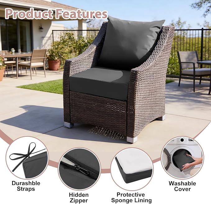 Outdoor Deep Seat Cushion Set, 24x24 Inch Water-Resistant & Fade-Resistant Outdoor Chair Cushions, Patio Furniture Cushions with Removable Cover for Patio Chair, Sofa, Dark Grey (Set of 1) - Image 5
