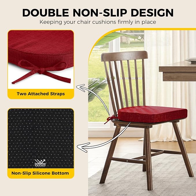 downluxe Indoor Chair Cushions for Dining Chairs, Soft and Comfortable Textured Foam Kitchen Chair Pads with Ties and Non-Slip Backing, 16" x 16" x 2", Red, 6 Pack - Image 4
