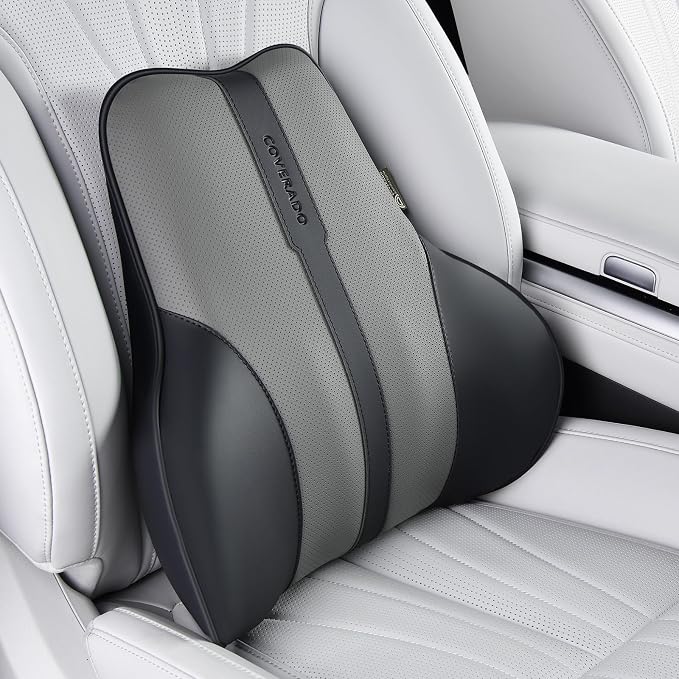 Coverado Lumbar Support Pillow for Car, Ergonomic Memory Foam Back Pillow for Office Chair, Back Cushion for Back Pain Relief, PU Leather Car Lumbar Support for Driving Seat - Black&Gray by COVERADOAUTO